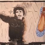 "Mick Jagger with Adorable Periwinkle Polka-Dot Ballerina Slipper" 48x24 acrylic on canvas